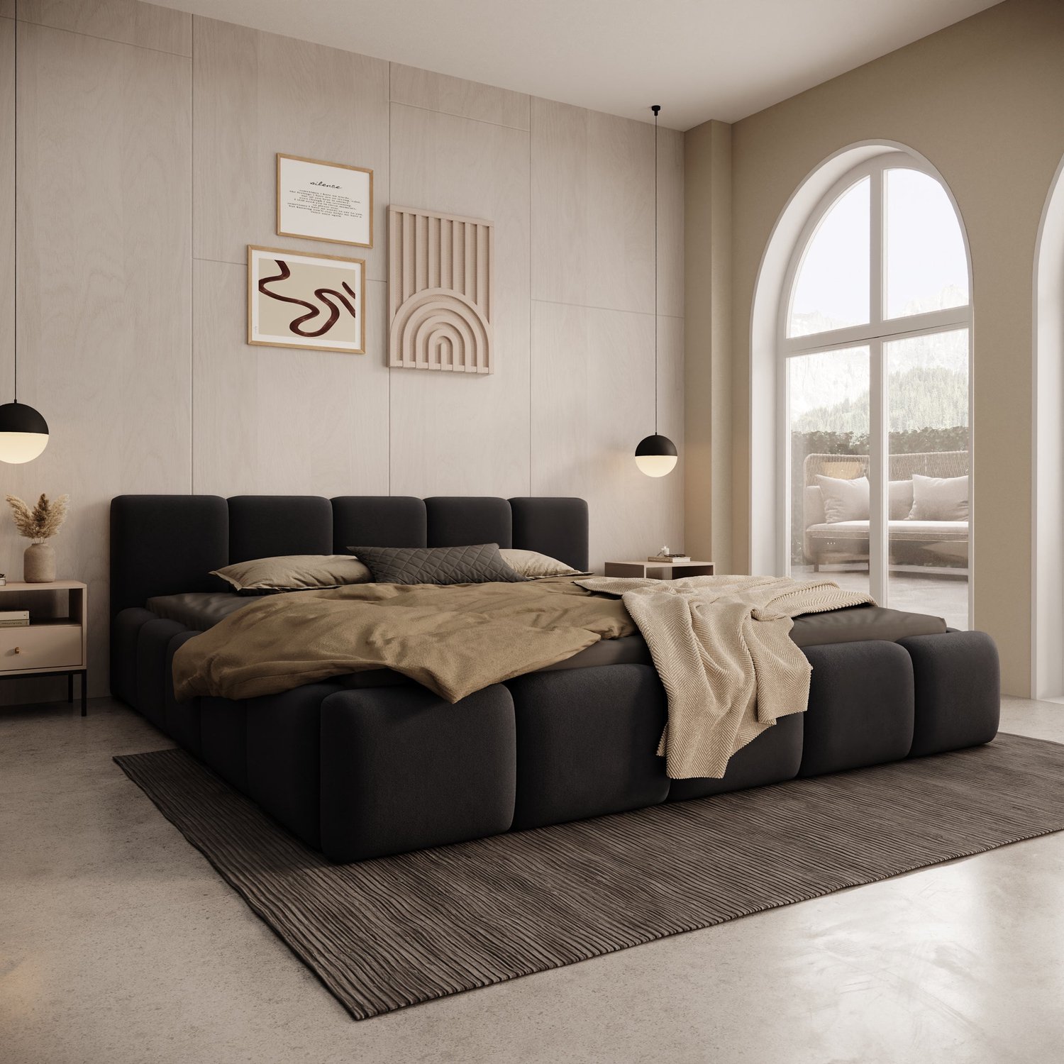 MEUBELLA Karisma - Tweepersoonsbed - Zwart velvet - 180x200 cm