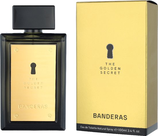 Antonio Banderas The Golden Secret Eau de Toilette 100ml flacon met gouden plaat en doos op zwarte achtergrond.