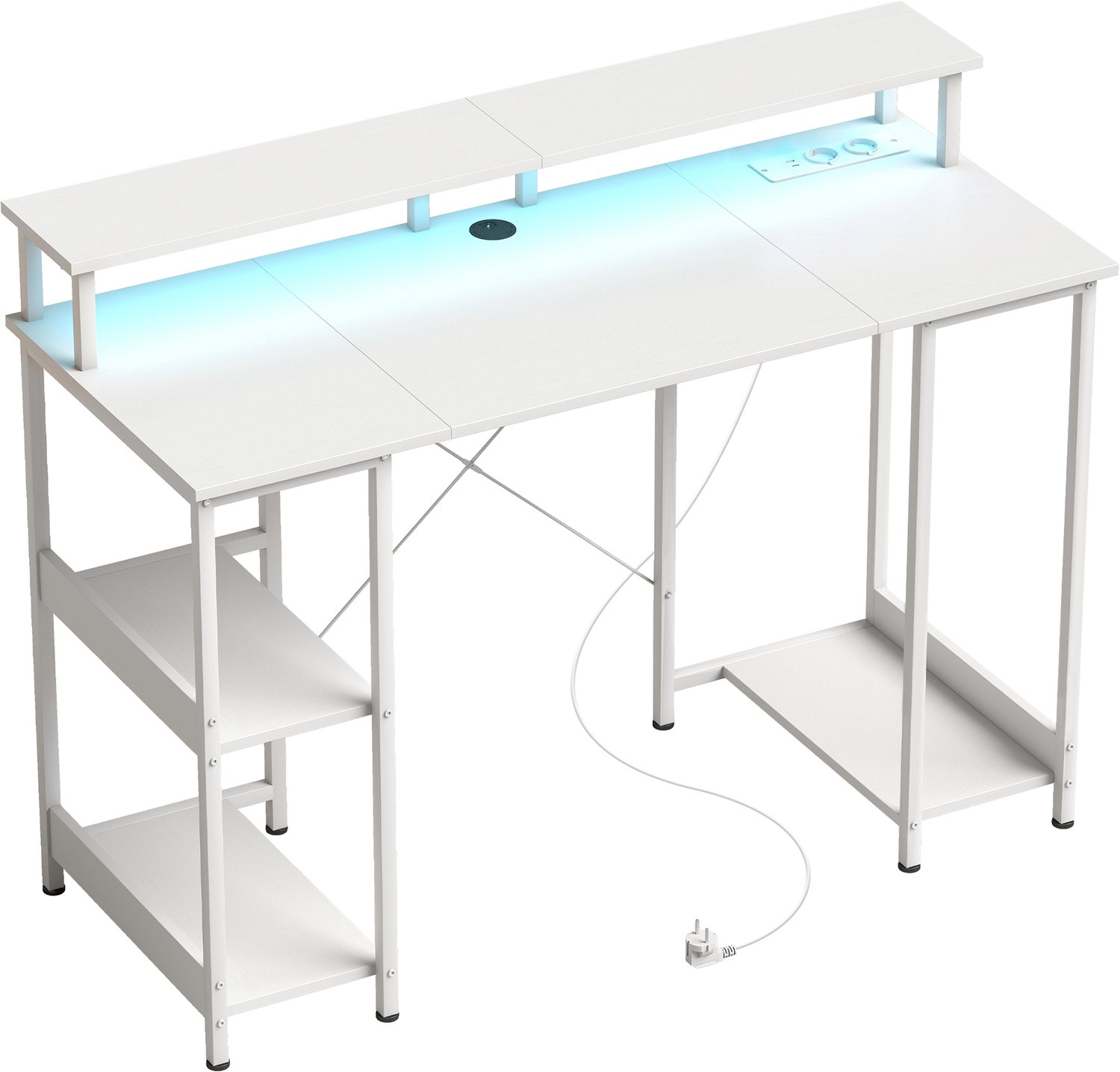 MUVANO Computerbureau met ledverlichting - bureau met twee stopcontacten - 120 x 50 cm - omkeerbaar opbergrek - dubbele monitorverhoger voor thuiswerken en gamen, wit
