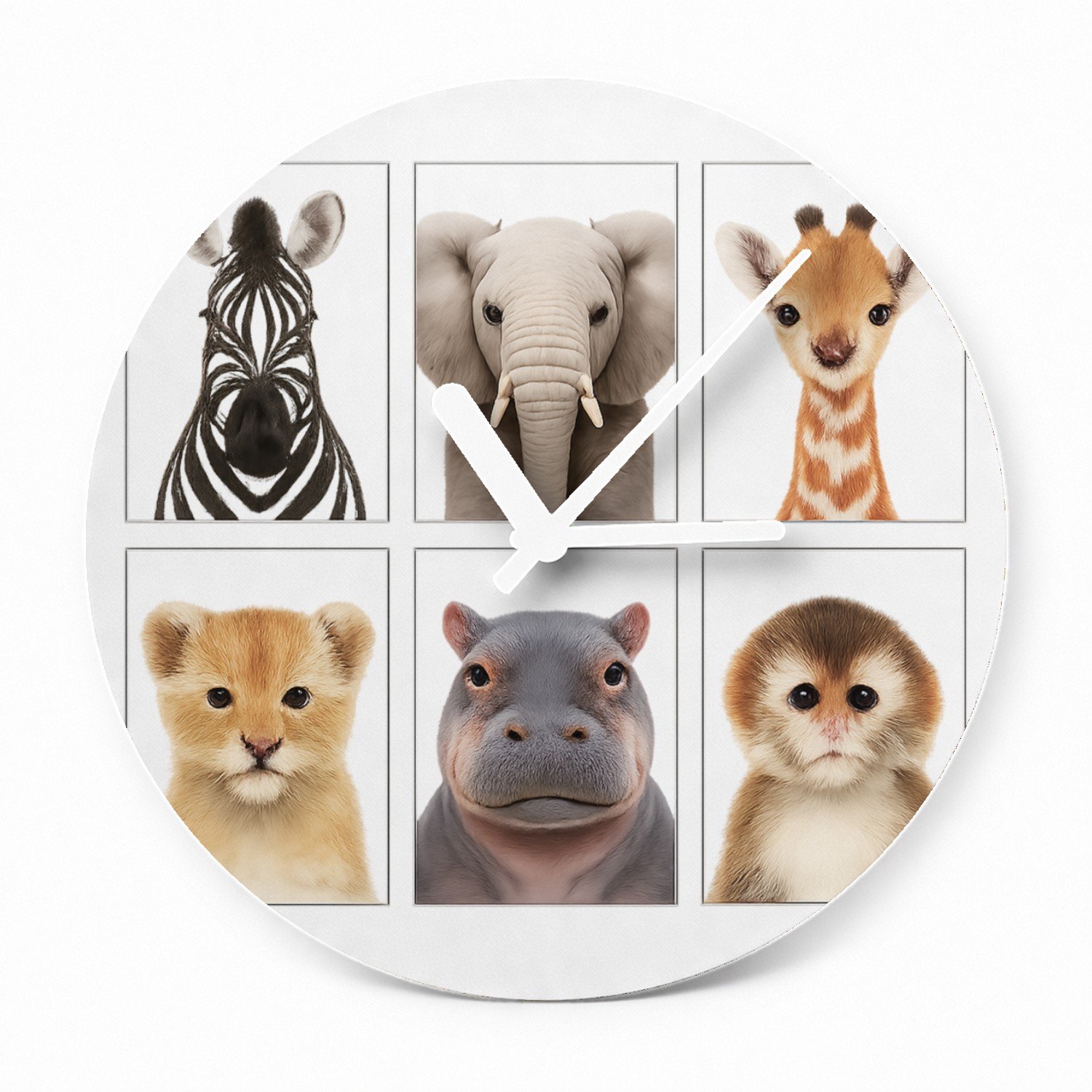 Mr Cadeautjes Glazen klok Ø 20 - design Vier rustige dierenportretten in een strak museumgrid | cadeau Wit