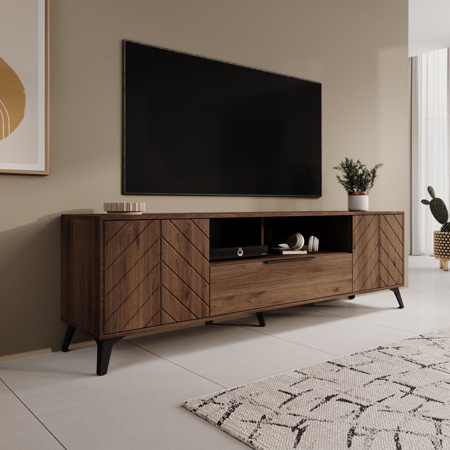 MEUBELLA Xiano - TV-Meubel - Donker eikenpatroon - 204x40x60 cm Bruin
