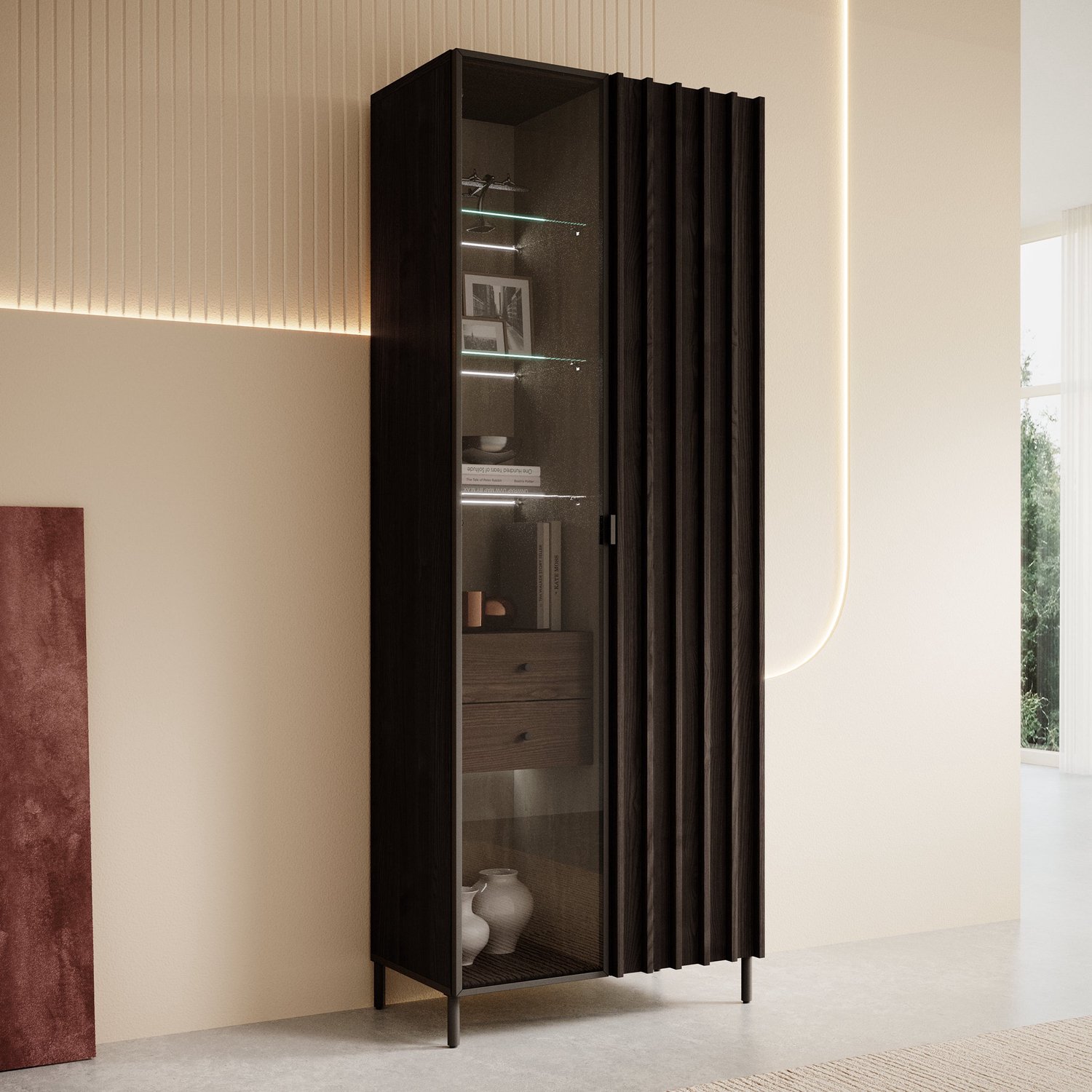MEUBELLA Vitrinekast Paz - Donkerbruin eiken - 73 cm