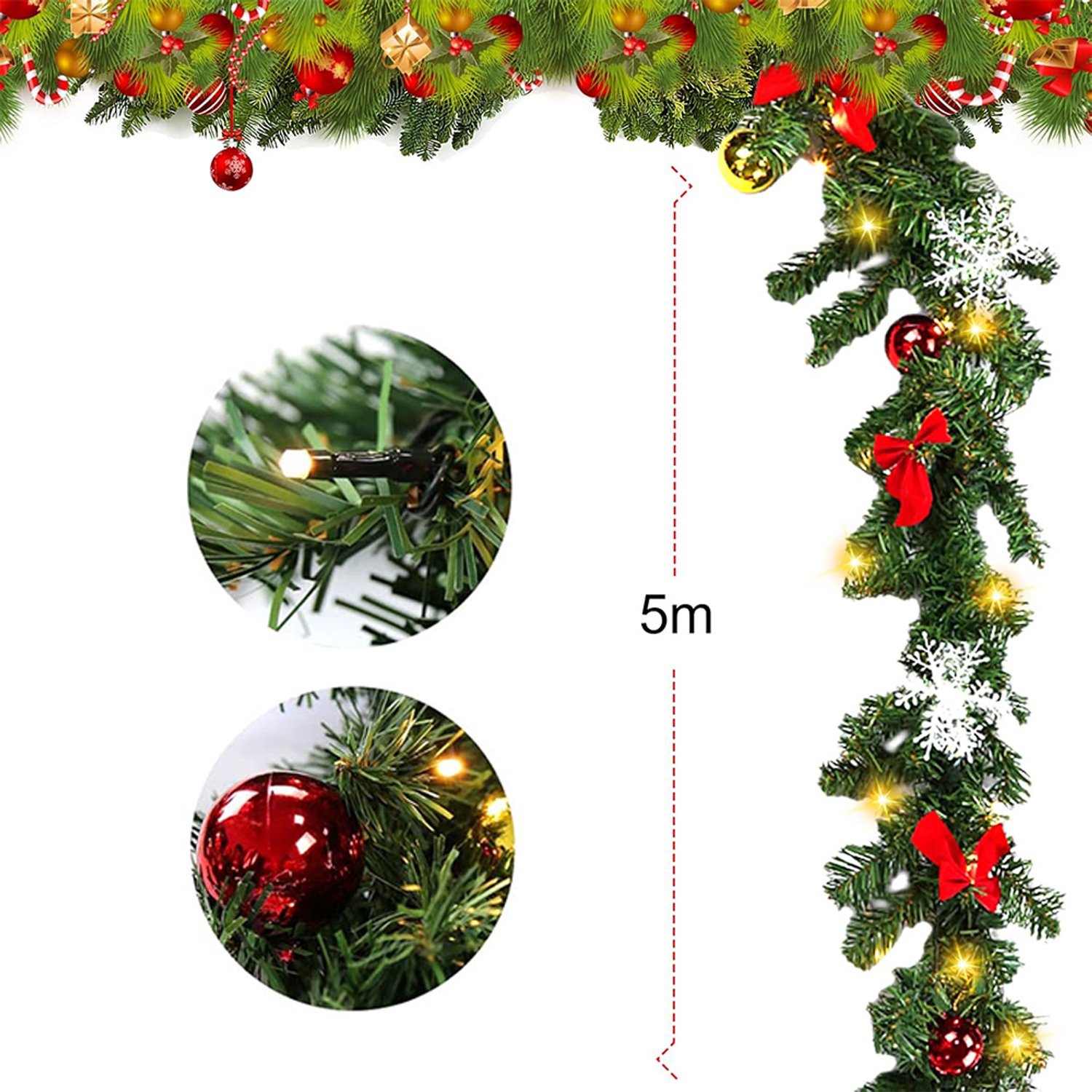 Kerstguirlande met Verlichting - 5 Meter - Groene Kunstdennen Slinger met 100 Warmwitte LED-lampjes en 8 Lichtstanden - Voor Trap en Schouw – foto 7