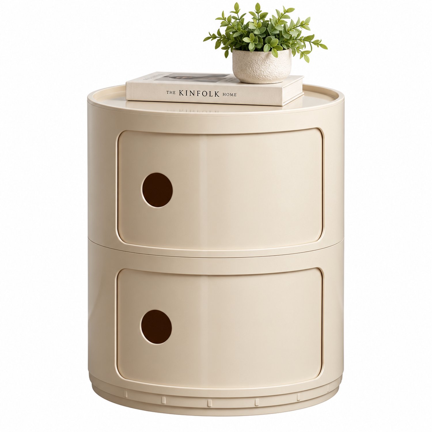 Marqs Nachtkastje beige - Bijzettafel – Bijzettafeltjes woonkamer – Bijzettafels – Opbergers - 40 x 32 cm - Rond - 2 opbergvakken
