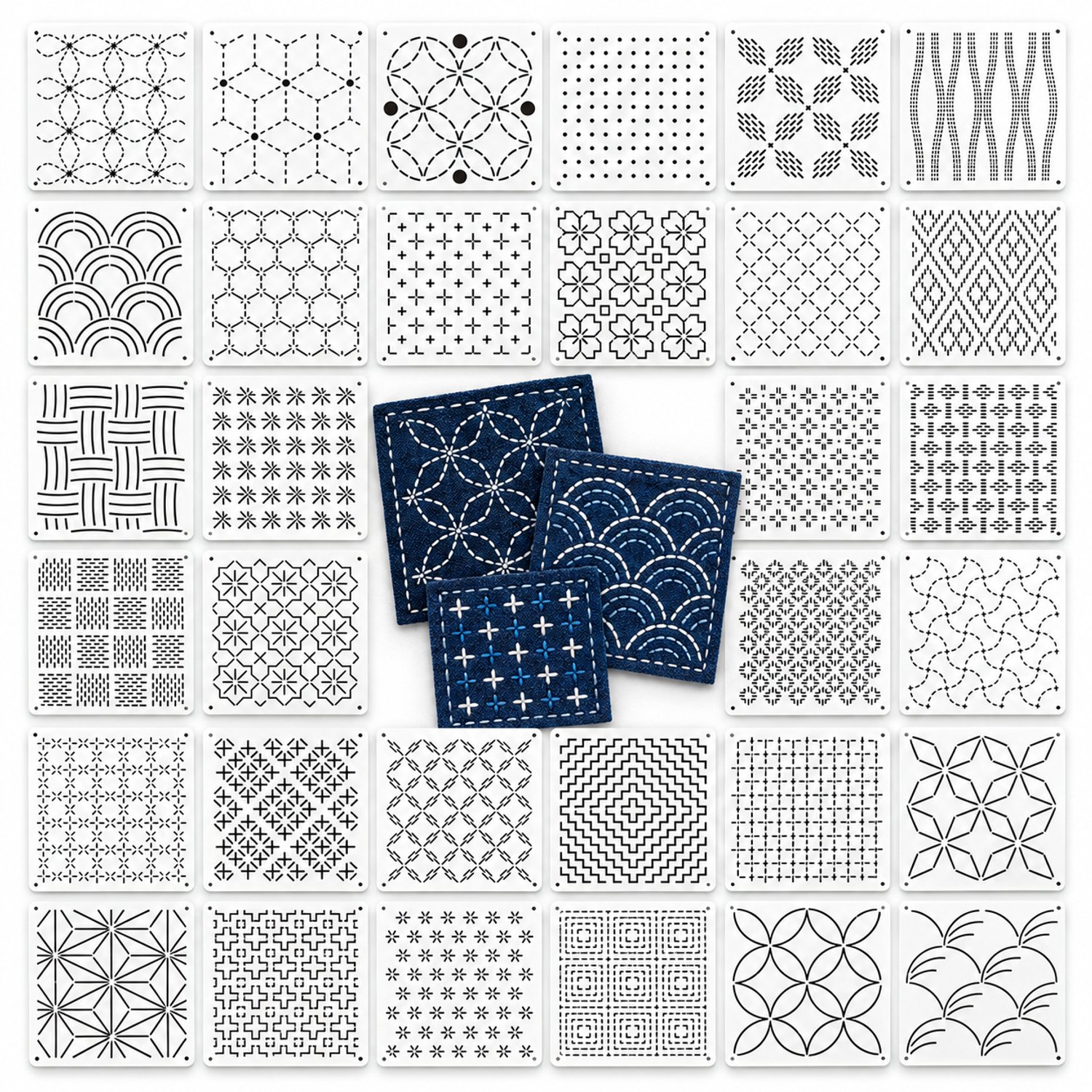 Lifhelpe Sashiko Borduursjablonen 32 Stuks – Herbruikbare Sjablonen 13 × 13 cm – Geometrische Borduurpatronen voor Quilten, Patchwork en Zelfmaken – Patroonset A