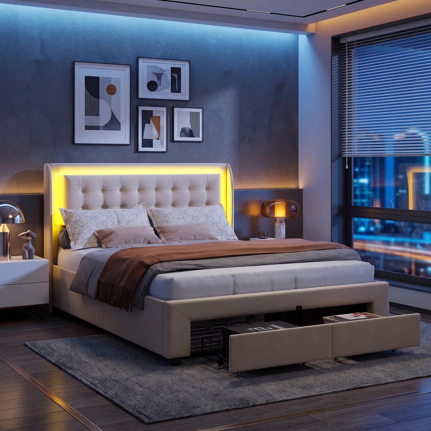 MEXUS Gestoffeerd bed 180x200 cm met LED-verlichting en opbergruimte – Fluwelen tweepersoonsbed met lades en Lattenbodem – Beige – Zonder matras