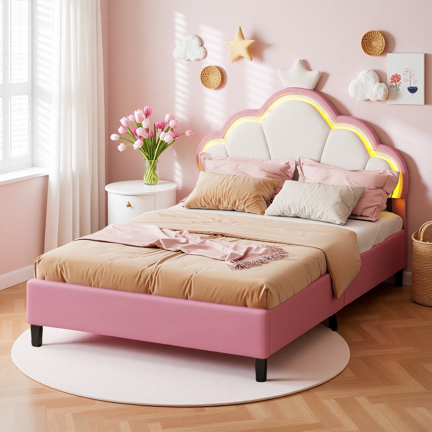 ROSAHQNDA Kinderbed 90x200 cm voor meisjes, prinsessenbed met LED-verlichting, kroonvormig verstelbaar hoofdeinde, gestoffeerd flanel, tienerbed, roze, zonder matras
