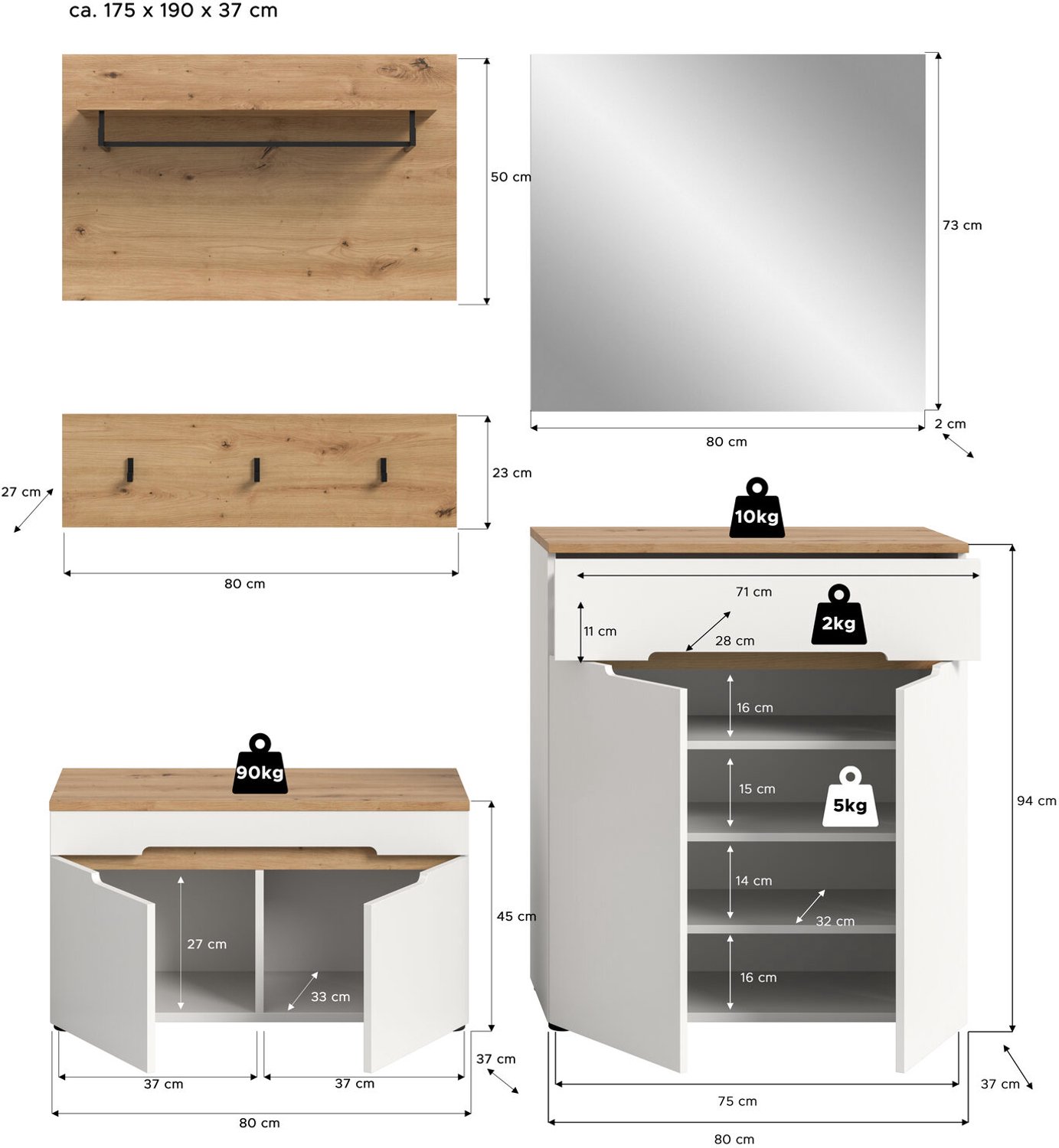 Furnilux Canu Garderobecombinatie Wit 175x190x37 cm – 4-delig met Spiegel Weiß