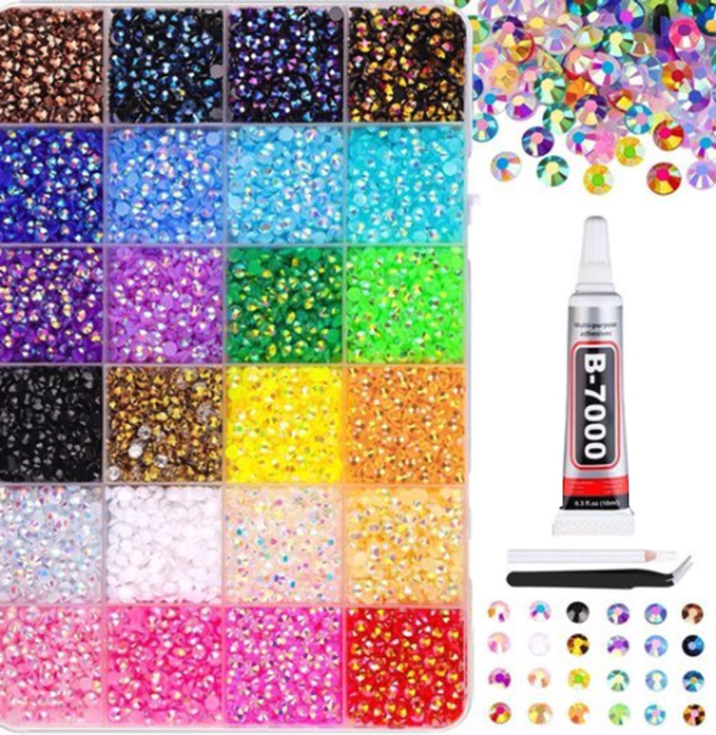 Bedazzle Kit – 24 Kleuren 3D Strass Steentjes, Kristallen & Parels – DIY Decoratie Set met B7000 Lijm & Pincet – Voor Nagels, Telefoonhoesjes, Accessoires & Hobby