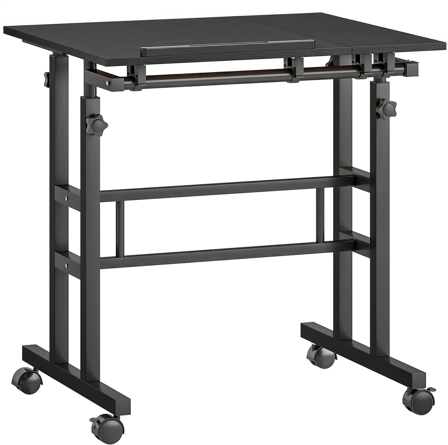 MUVANO Zit-stabureau op wielen - In hoogte verstelbaar - Kantelbaar blad voor laptop - Metalen frame - 70 x 60 cm - Zittend en staand werken - Thuiskantoor zwart
