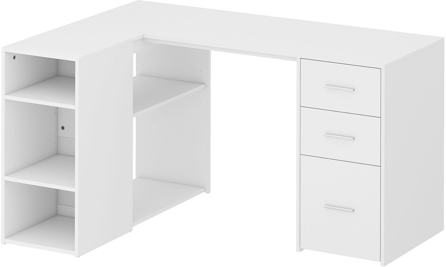 MUVANO Hoekbureau met 3 lades - L-vormig computerbureau - Verstelbare planken - 140 x 100 x 75 cm - Documenten opbergen - Voor thuiskantoor en studie - Wit