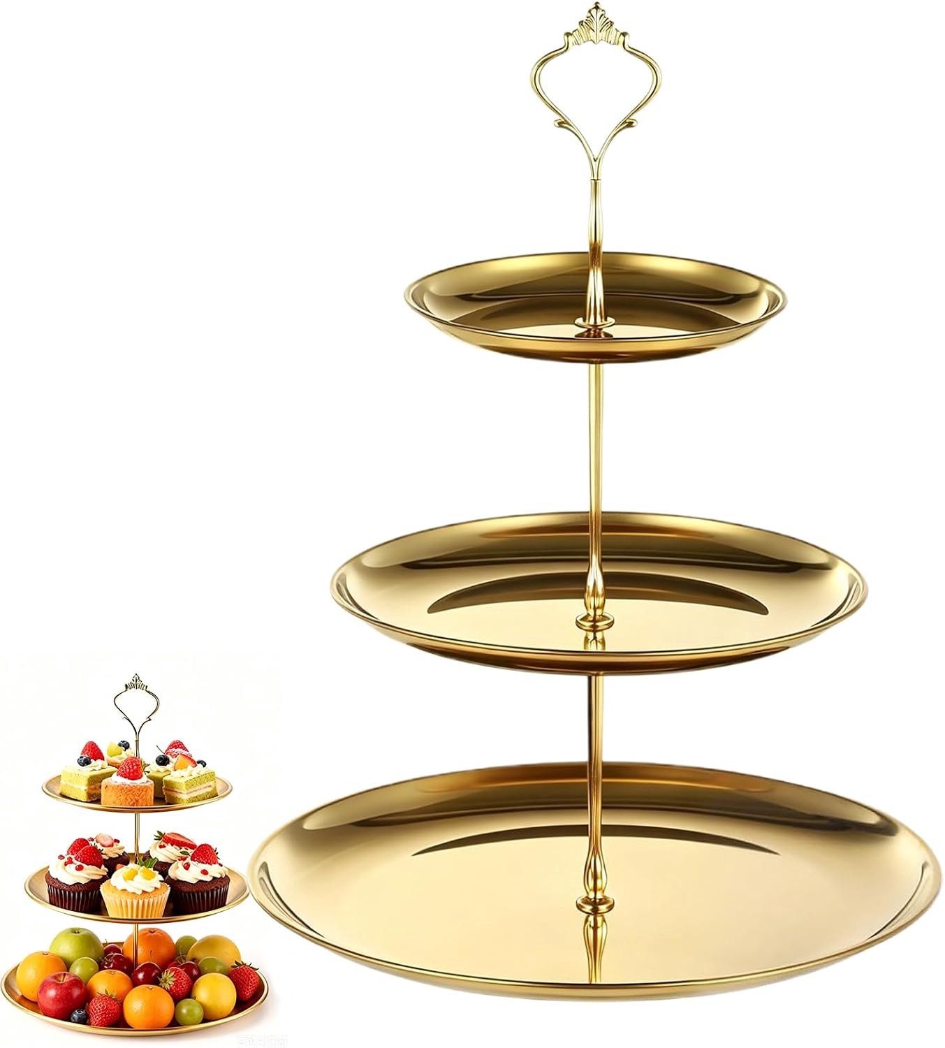 Etagere 3-Laags - Serveertoren Voor Gebak En Hapjes - Cake Stand Multifunctioneel - Goud Geborsteld RVS - Stabiel Handvat Antislip - Ø 26/20/14 cm, 36 cm - Geschikt voor Cupcakes, Fruit, Desserts en Buffet - Hightea - Taartjes - Decoratief -TENGYIF®