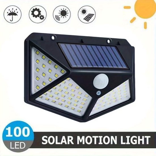 Zwarte 100 LED solarlamp voor buiten met bewegingssensor, geschikt voor weerbestendig gebruik.