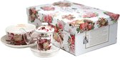 Queen Isabell theeset met kop, schotel en glazen theepot in een bloemrijke geschenkdoos met rozenmotief.