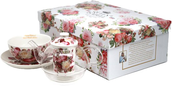 Queen Isabell theeset met kop, schotel en glazen theepot in een bloemrijke geschenkdoos met rozenmotief.