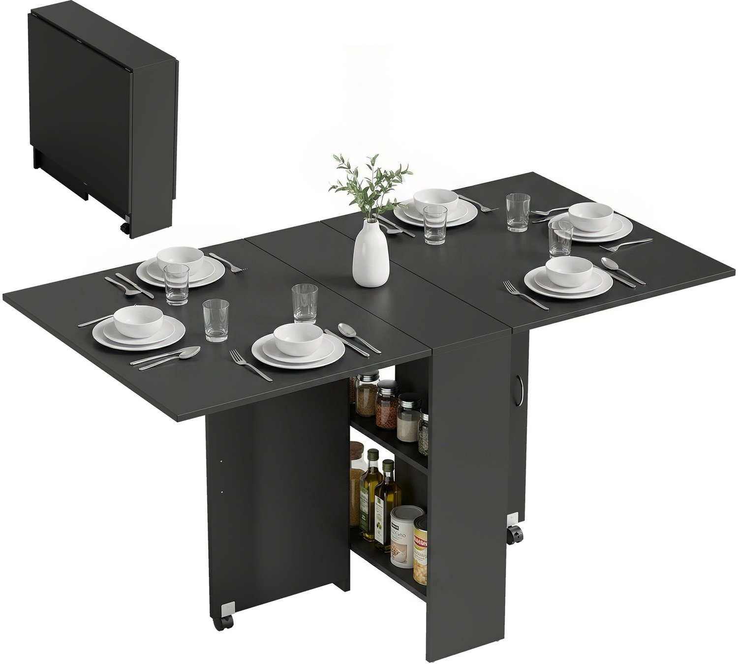 Lunpog Eettafel met wielen - Opklapbare/uitschuifbare eettafel - Ingebouwde planken - 75 x 140 x 74 cm - Zwart