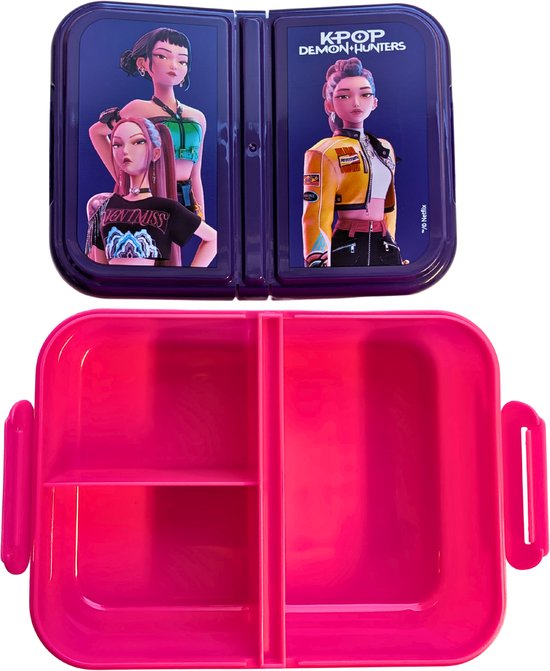 Roze lunchtrommel met opengeklapt paars deksel bedrukt met K-pop Demon Hunters-personages.