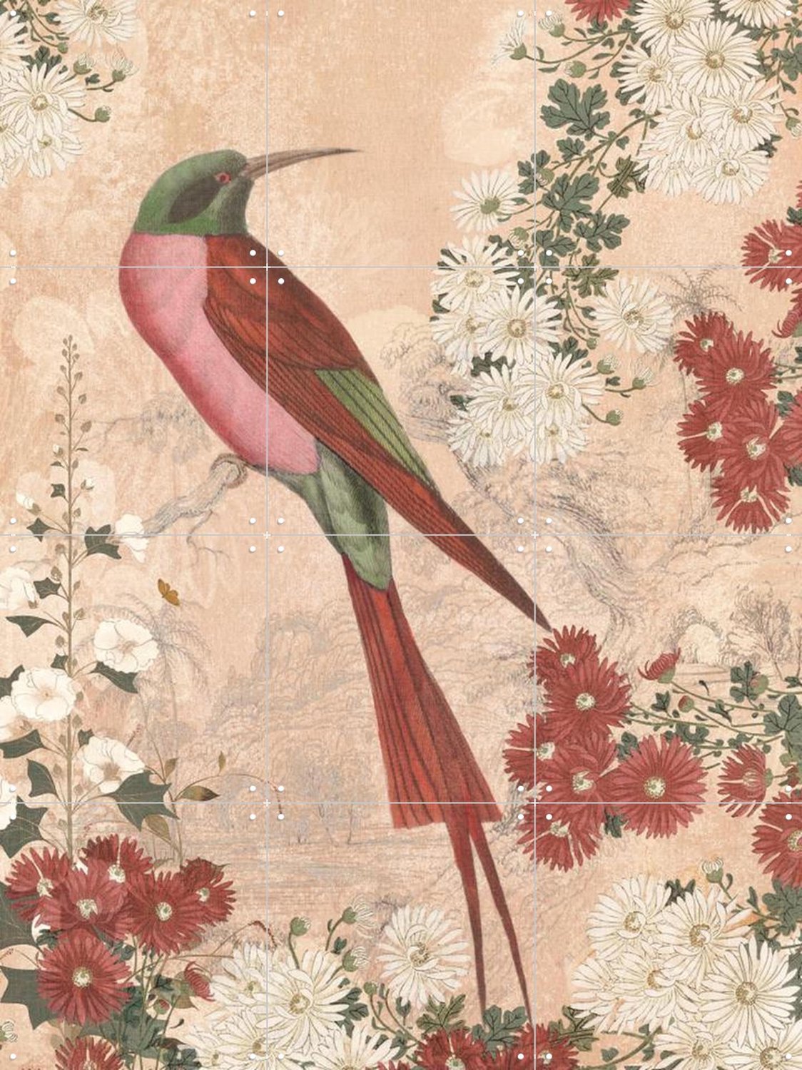 IXXI Japanese Floral Blossom And Red Tropical Bird, Bloomery Decor - 60 x 80 cm - Grote wanddecoratie en posters - Vintage, Decoratieve kunsten Beige / Rood / Groen