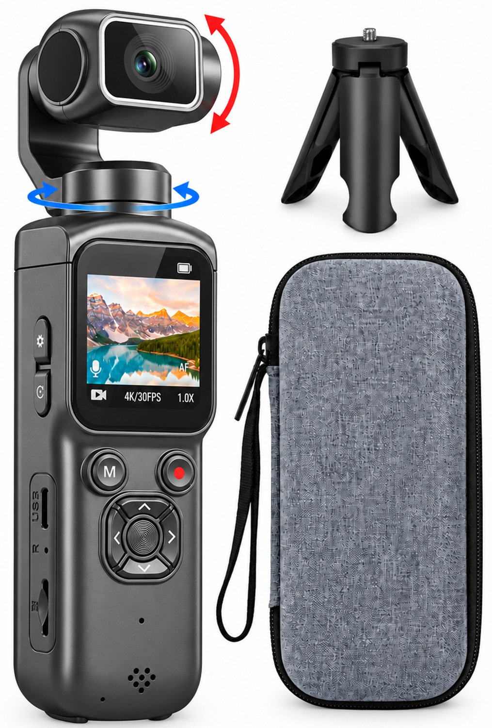 JC's - Pocket Camera 4K - 330° automatisch roterende lens / intelligente gezichtsherkenning / 75MP / 60FPS / WiFi / Action Camera - Vlogcamera - Solide beschermcase