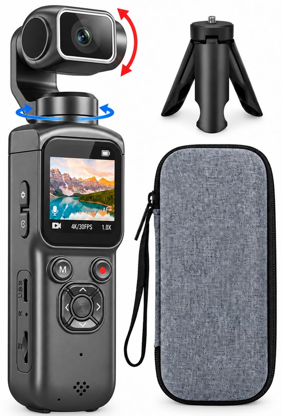 Grijze zakcamera met gimbal-lens, driepoot en een grijze etui.