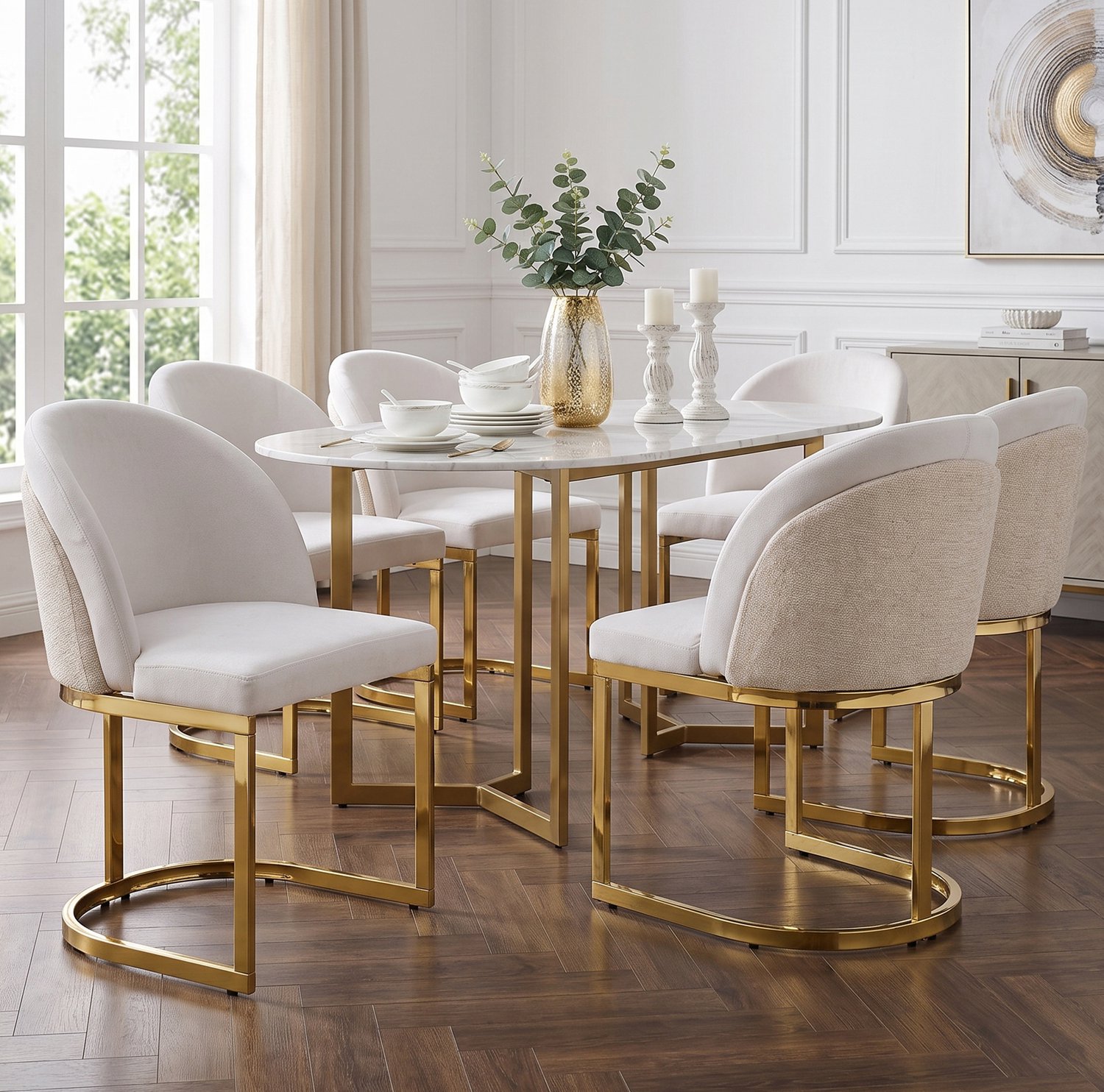 MODFU Set Van 6 Eetkamerstoelen - Chenille Bekleding - Armleuningen - Metaal - Beige En Goud