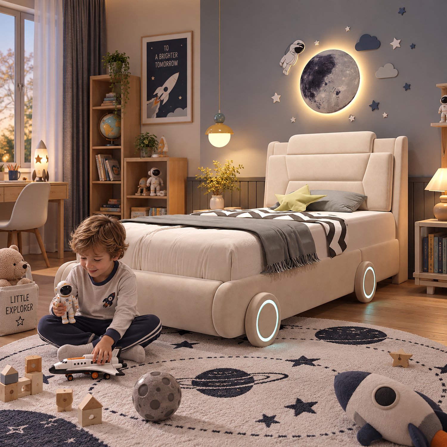 DantefHandels Kinderbed 90 x 200 cm in crèmewitte autovorm, fluweel, verstelbaar hoofdbord en verlichte wielen Beige