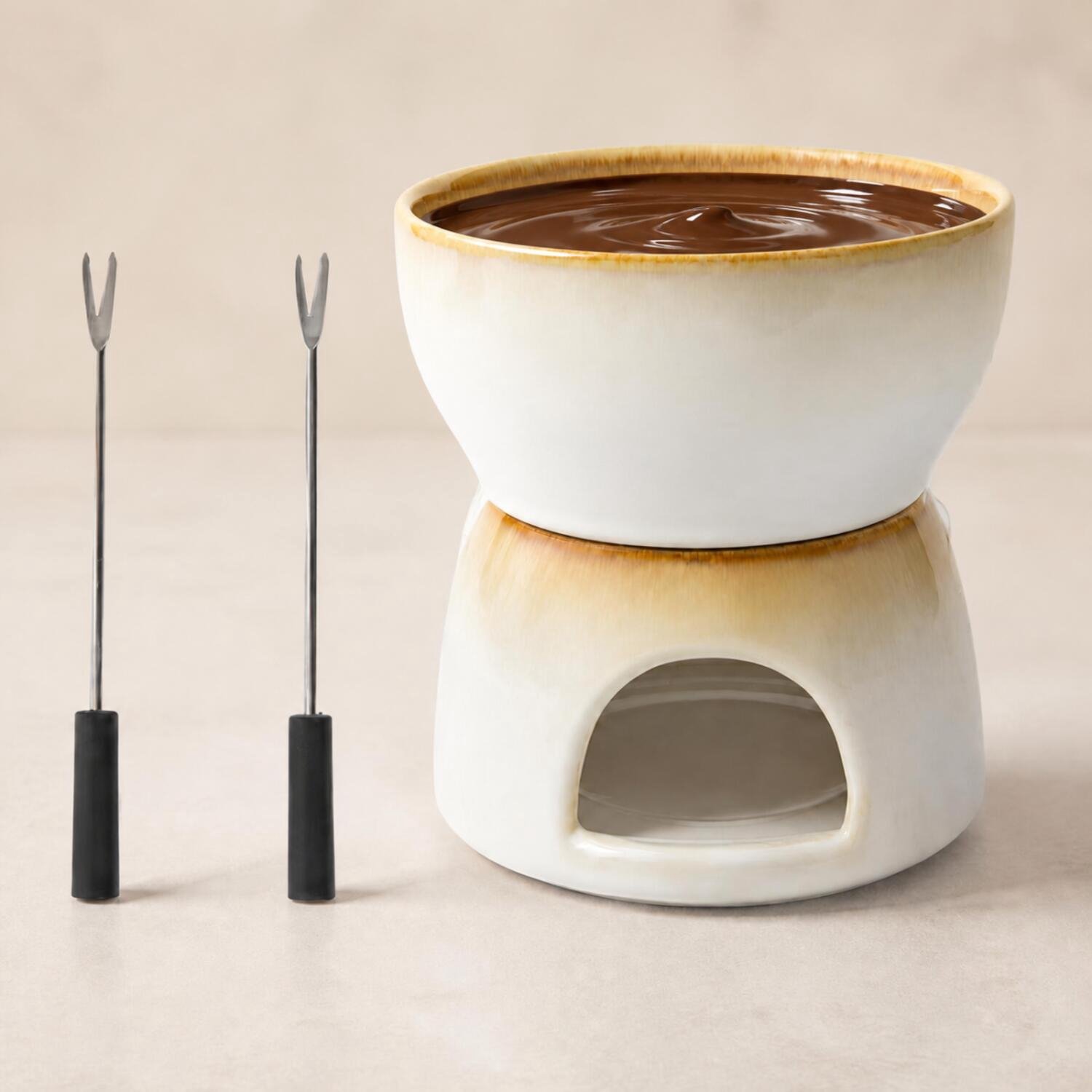 Bellatio Design Chocolade of kaas fondue set - met 2 vorken - creme wit - porselein - voor 2 personen- moederdag - cadeau