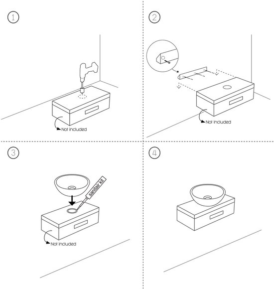 Stappenplan voor installatie van wastafel: boren, ophangen, afdichten met sanitair kit, eindresultaat.
