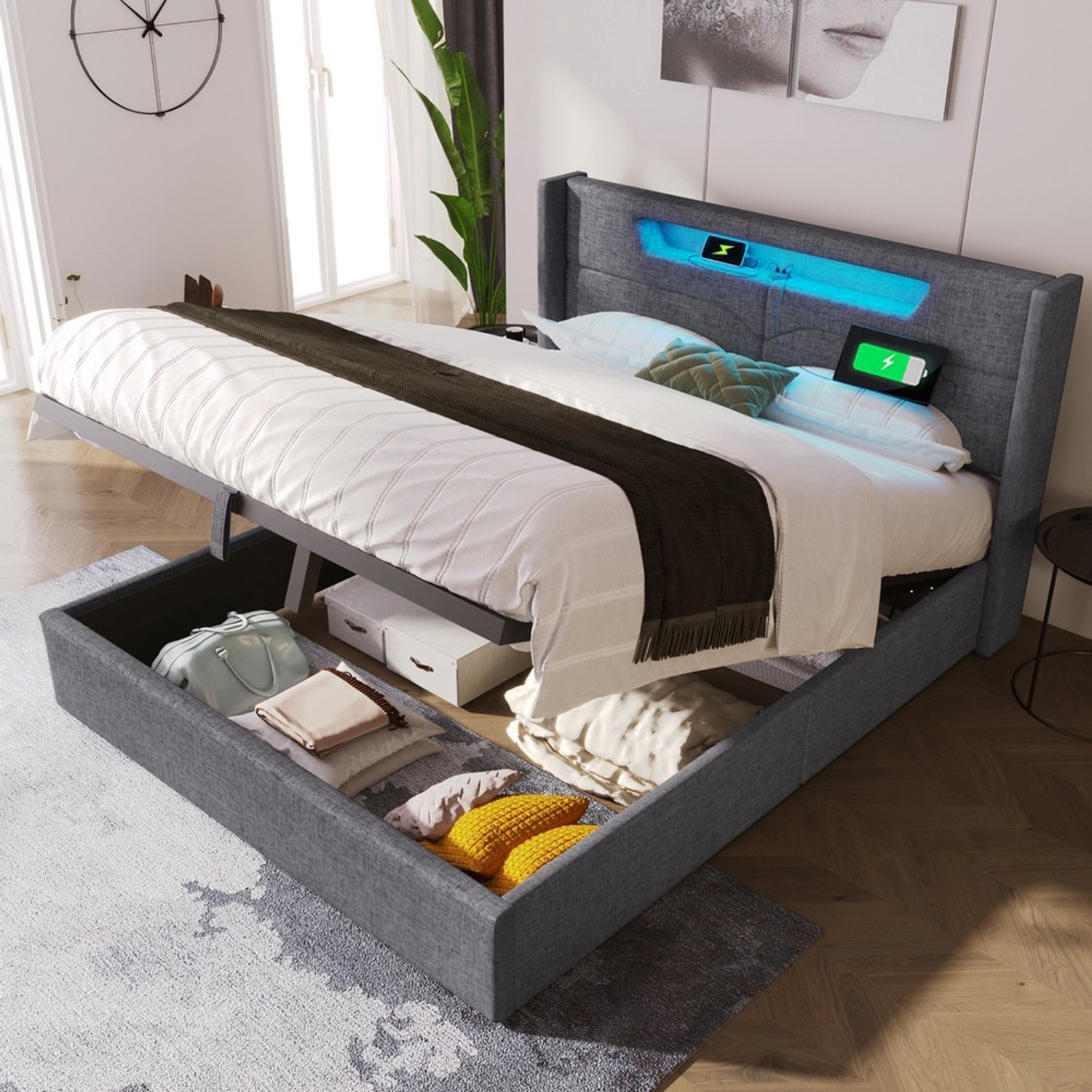 KOMHTOM Tweepersoonsbed - 160x200 cm - Linnen - LED-verlichting - USB- en Type-C-aansluiting - Opbergruimte - Lattenbodem - USB-aansluiting Grijs