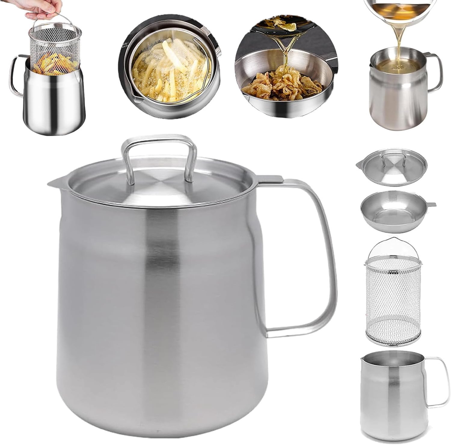 Frituurpan - Frituurpannen - friteuse - frietpan - Filterkan - Scheidt vetresten - Frituurpan van roestvrij staal met mand en zeef - Grote capaciteit - Vaatwasserbestendig - 68 oz - 2 L - Zilver