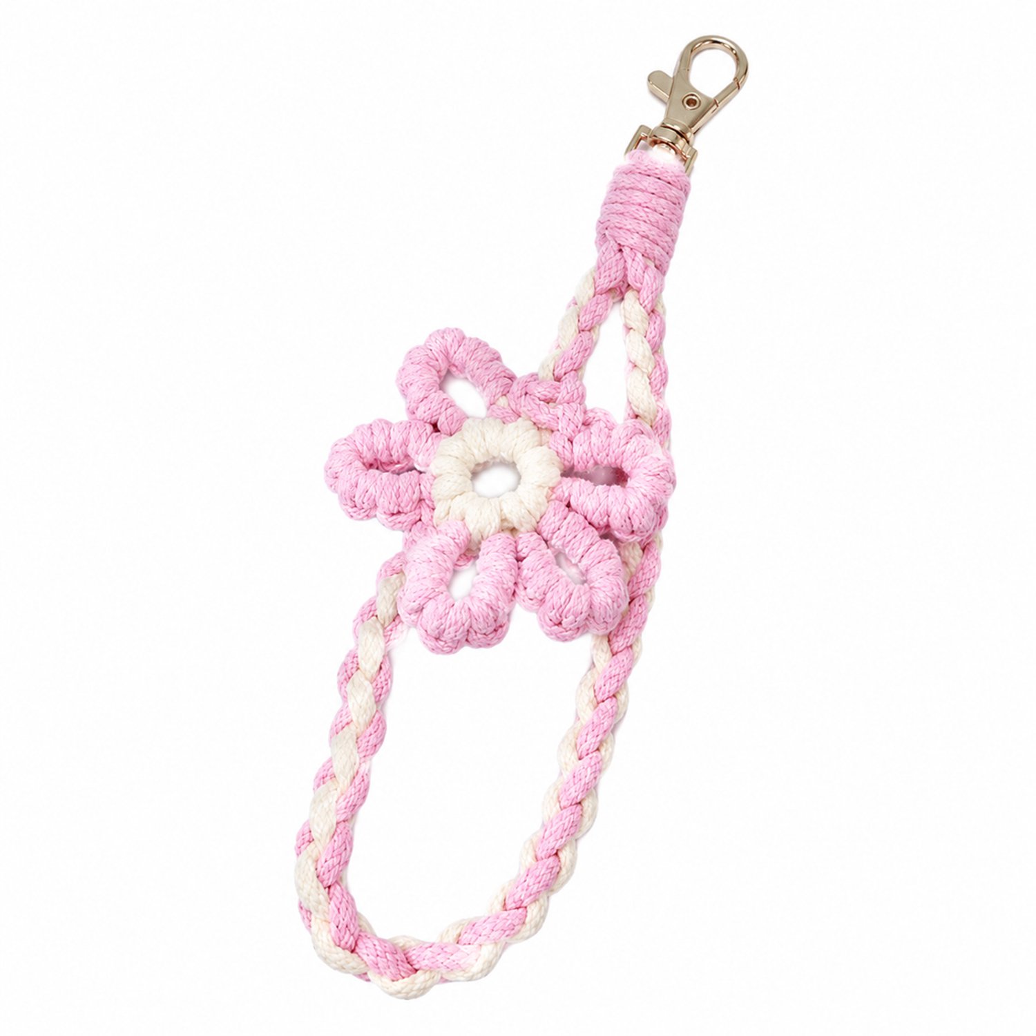 Telefoonkoord voor de pols met handgevlochten bloem en metalen sluiting, roze, 20 x 6 cm, 16 g
