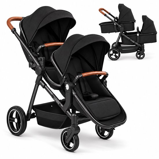 Zwarte Lunola Noah Duo kinderwagen met bruine lederlook handvatten en twee zitjes, inclusief ligbakkenoptie.