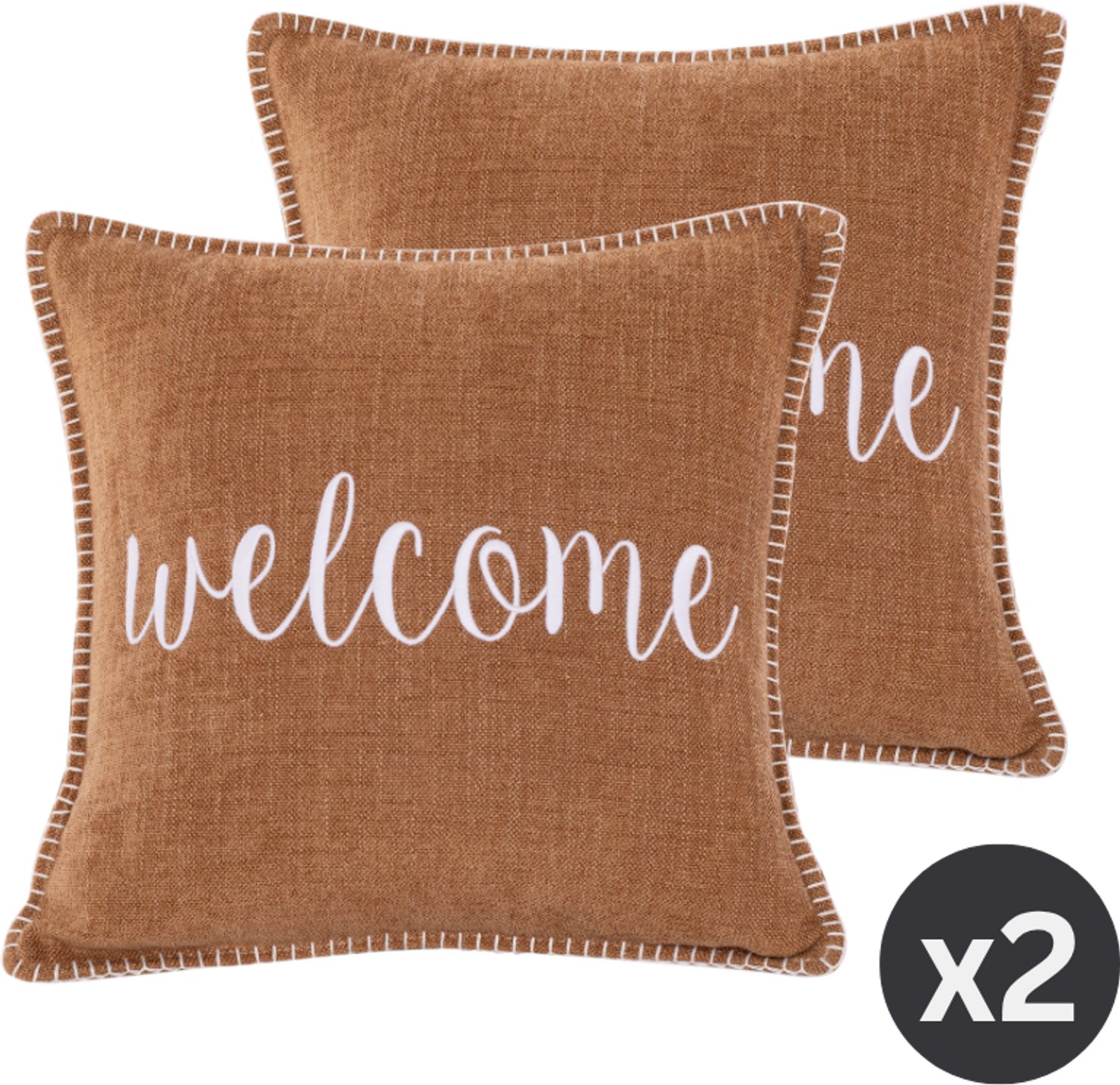 Tiseco HOME STUDIO - Kussen (gevuld) DAMIAN - Geborduurde WELCOME tekst - Vierkant - 45x45 cm - Indiantan INDIAN TAN