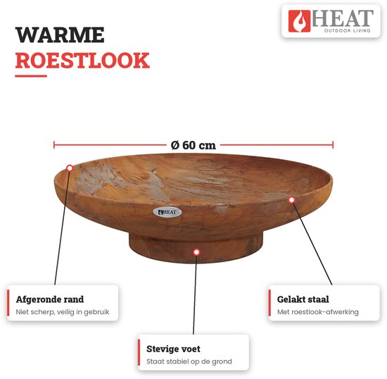 Ronde stalen HEAT vuurschaal van 60 cm met een stoere roestlook, een stabiele voet en een veilige, afgeronde rand.