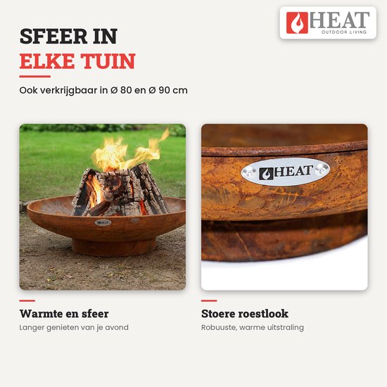 Twee afbeeldingen van een HEAT vuurschaal met roestlook: één brandend in de tuin en één detail van het HEAT-logo.