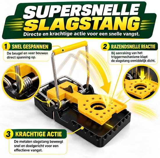 Rattenval met diagram van de krachtige slagstang en het triggermechanisme voor een snelle vangst.