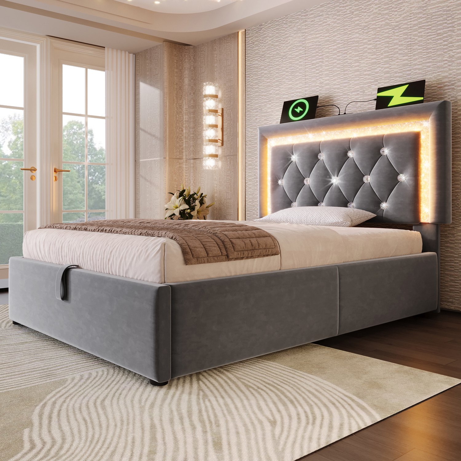 MUVANO Eenpersoonsbed 90x200 met matras - Opbergbed met led en USB-C - Fluweel en metaal - Hydraulische lattenbodem - Voor de slaapkamer - Grijs