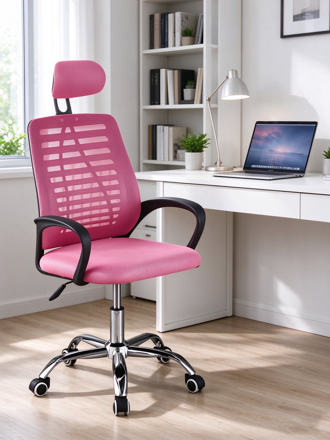learnlogic Ergonomische bureaustoel roze met hoofdsteun en zwenkwielen in hoogte verstelbaar geschikt voor langdurig zitten ter voorkoming van rugklachten Afmetingen 47 x 47 x 116 cm