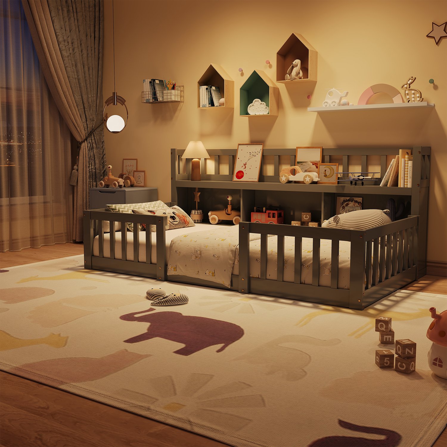 ROSAHQNDA Vloerbed voor kinderen 140 x 200 cm, kinderbed met valbeveiliging, bed met opbergruimte, bed van grenenhout inclusief lattenbodem, meubilair voor de kinderkamer, zonder matras, grijs