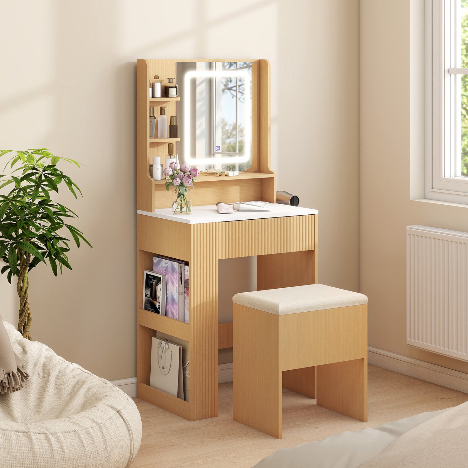 Puluomis kaptafel - Spiegel met LED-verlichting - Kruk - Oplaadstation - Open schappen