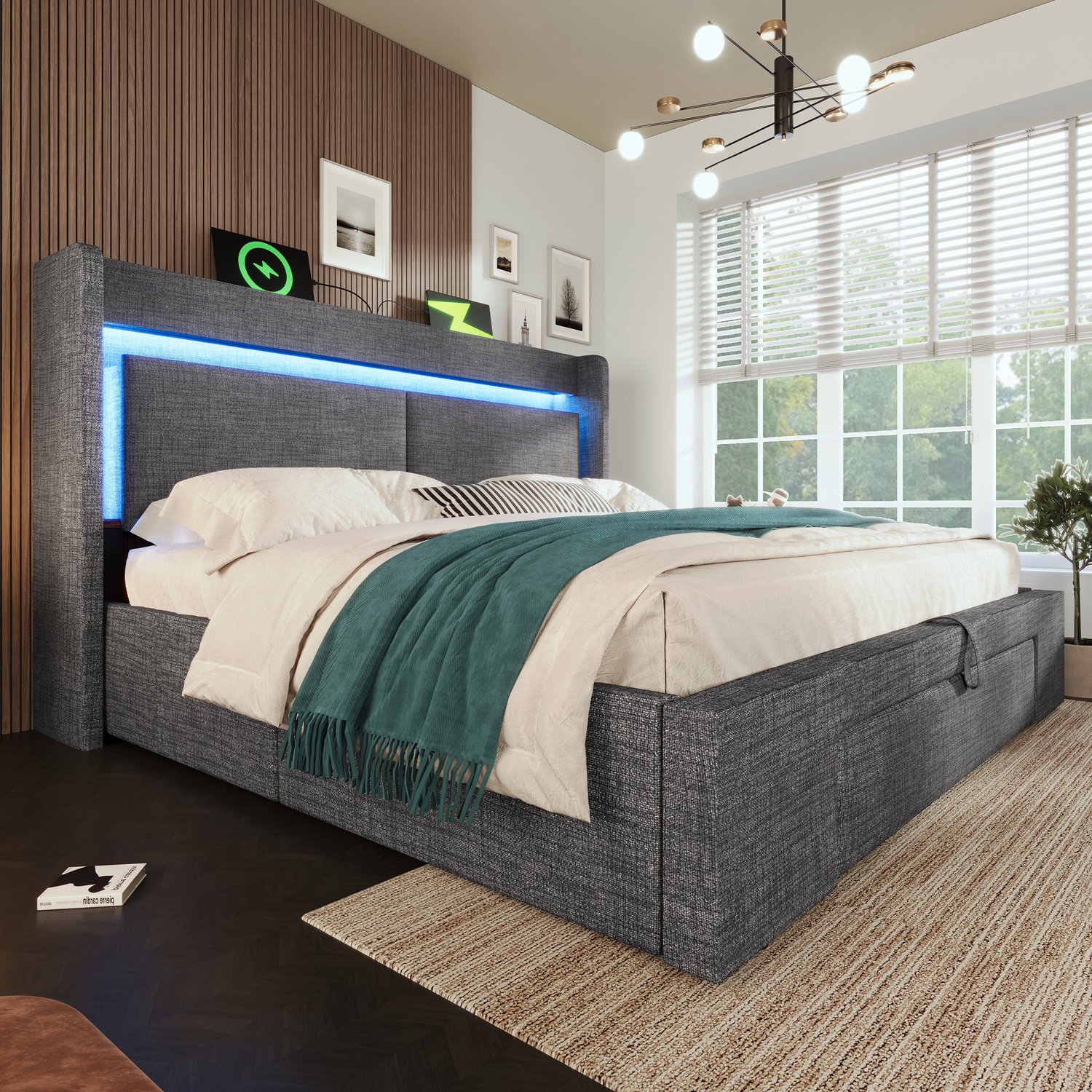 MUVANO Gestoffeerd opbergbed 180x200 cm - bed met LED-verlichting, USB en USB-C - hydraulisch hefmechanisme, linnen bekleding, grijs