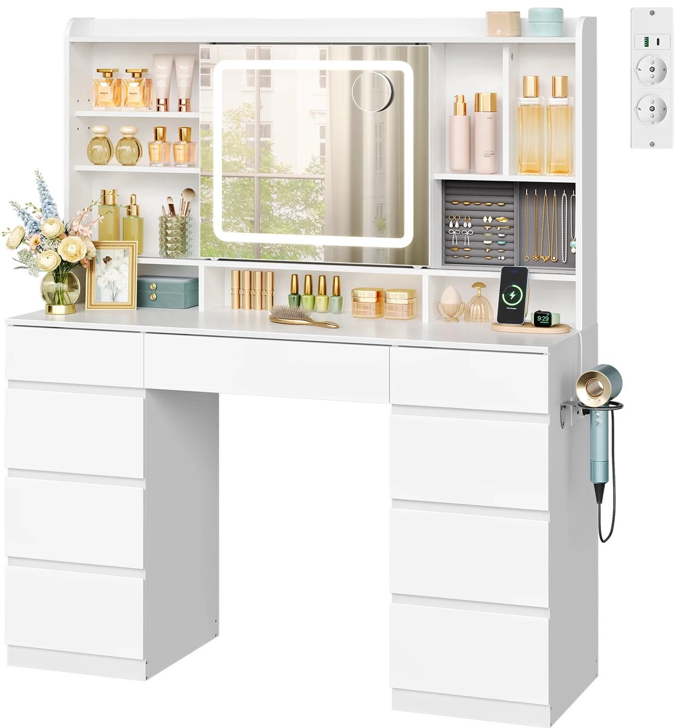 Vurnomi Kaptafel - Kaptafel met spiegel en verlichting - Make up tafel - Make up tafel met spiegel - Opbergvakken – 140 cm – Wit