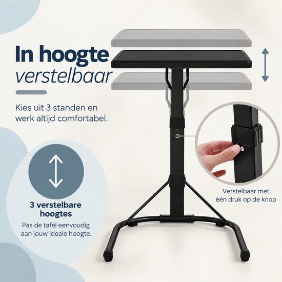 Zwarte laptoptafel met 3 verstelbare hoogtes, bediend door een knop aan de zijkant.