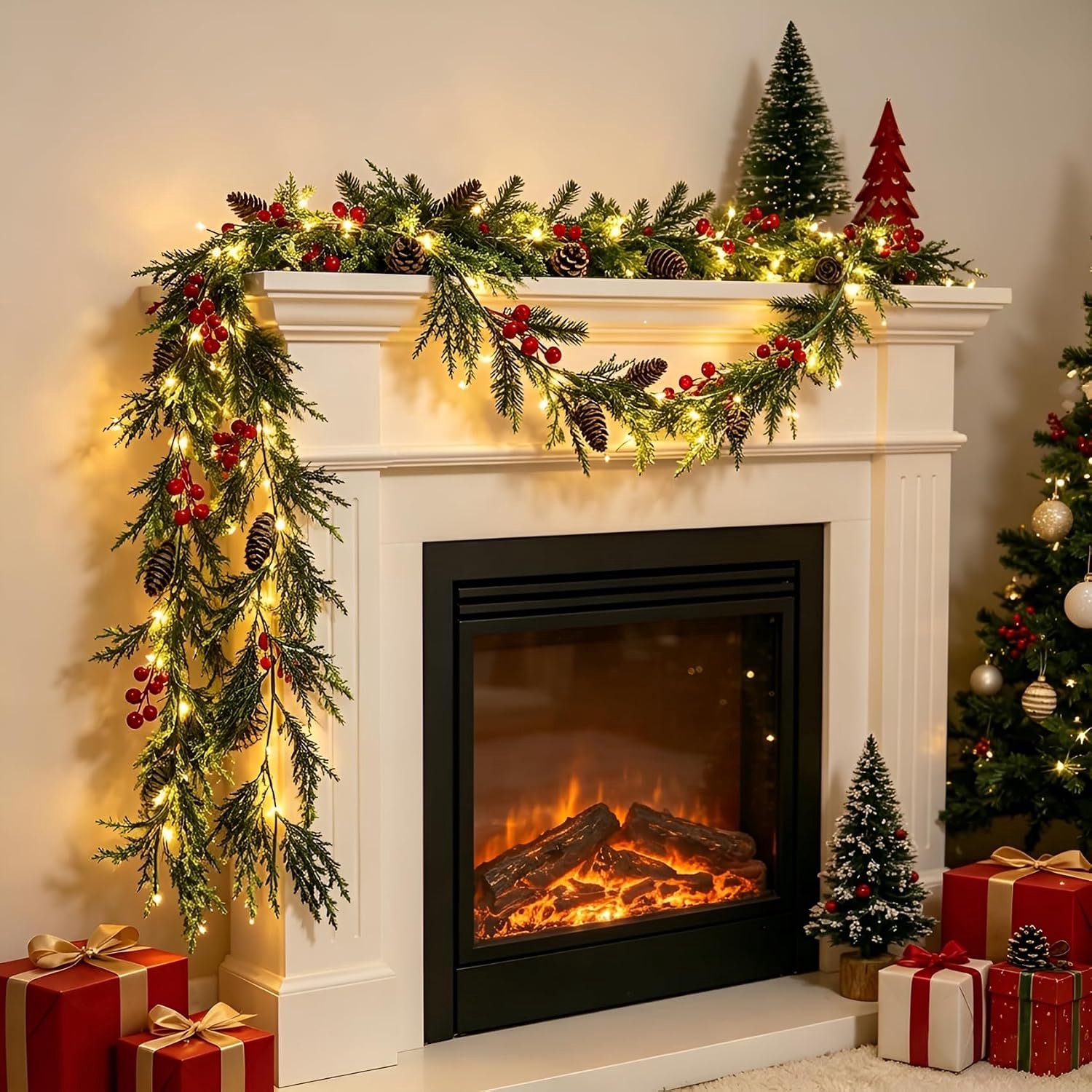 Guirlande Met verlichting - 1.8m - Kunstkerst Guirlande met 35 LED - Kerstguirlande - met rode bessen - Kerstdecoratie - Voor open haard, trap, deur, kerstdecoratie