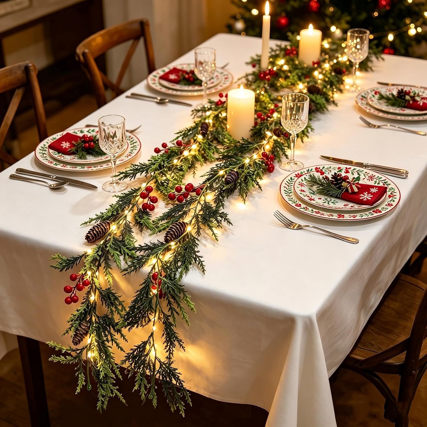 Guirlande Met verlichting - 1.8m - Kunstkerst Guirlande met 35 LED - Kerstguirlande - met rode bessen - Kerstdecoratie - Voor open haard, trap, deur, kerstdecoratie – foto 2