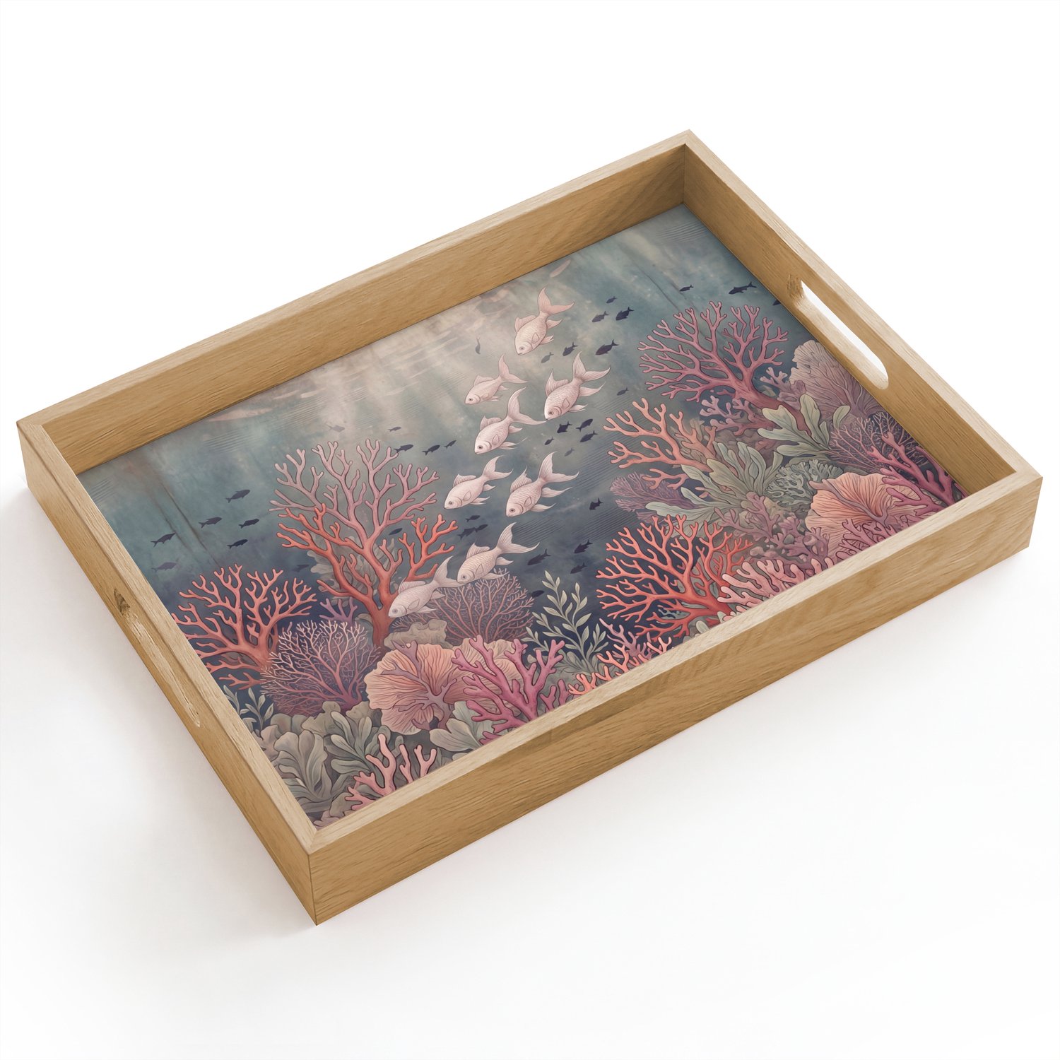 Dienblad hout 40x30 cm - Schootdienblad - Vis - Koraal - Onderwater - Illustratie - Vintage - Borrelplank rechthoek - Plateau dienbladen