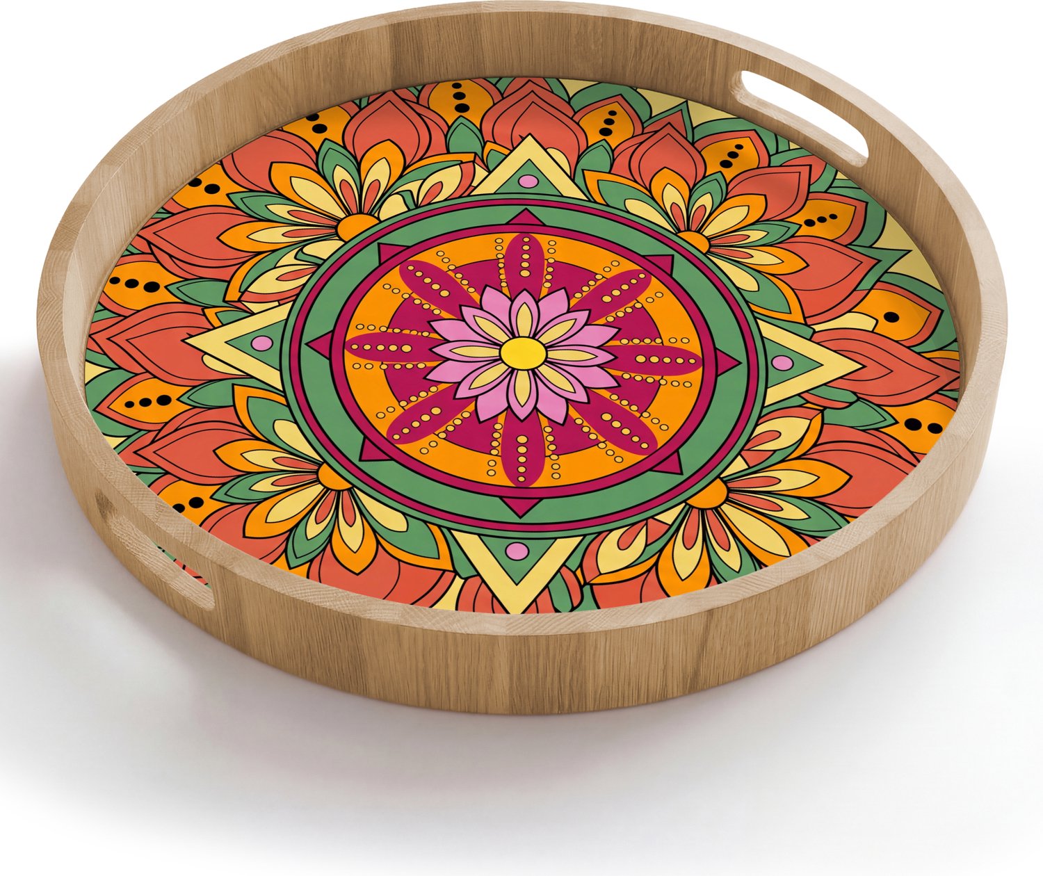 Dienblad rond 50x50 cm - Schootdienblad hout - Mandala - Bloemen - Abstract - Kleurrijk - Borrelplank rechthoek - Plateau houten dienbladen