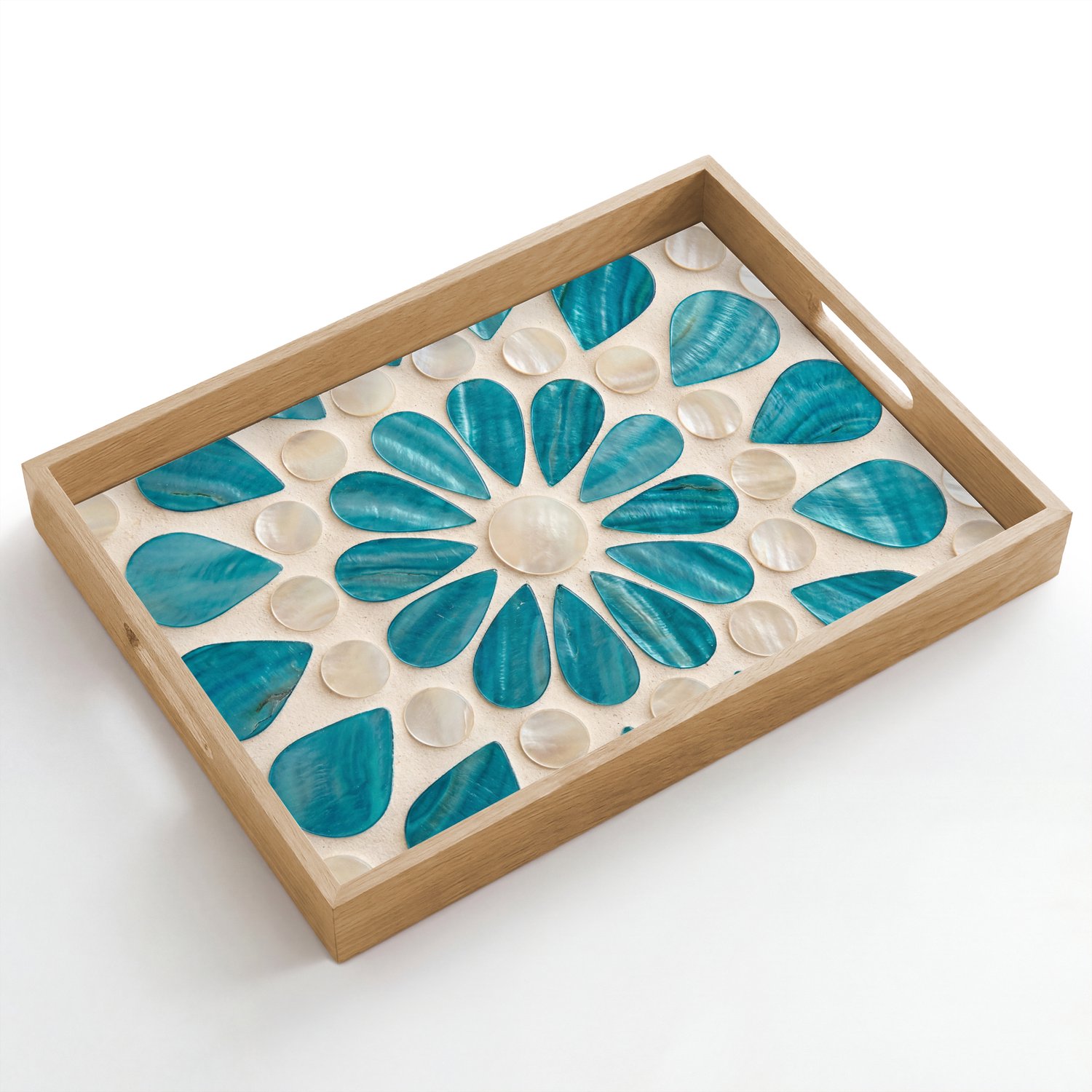Dienblad hout 50x35 cm - Schootdienblad - Patroon - Mozaïek - Schelpen - Abstract - Turquoise - Borrelplank rechthoek - Plateau dienbladen