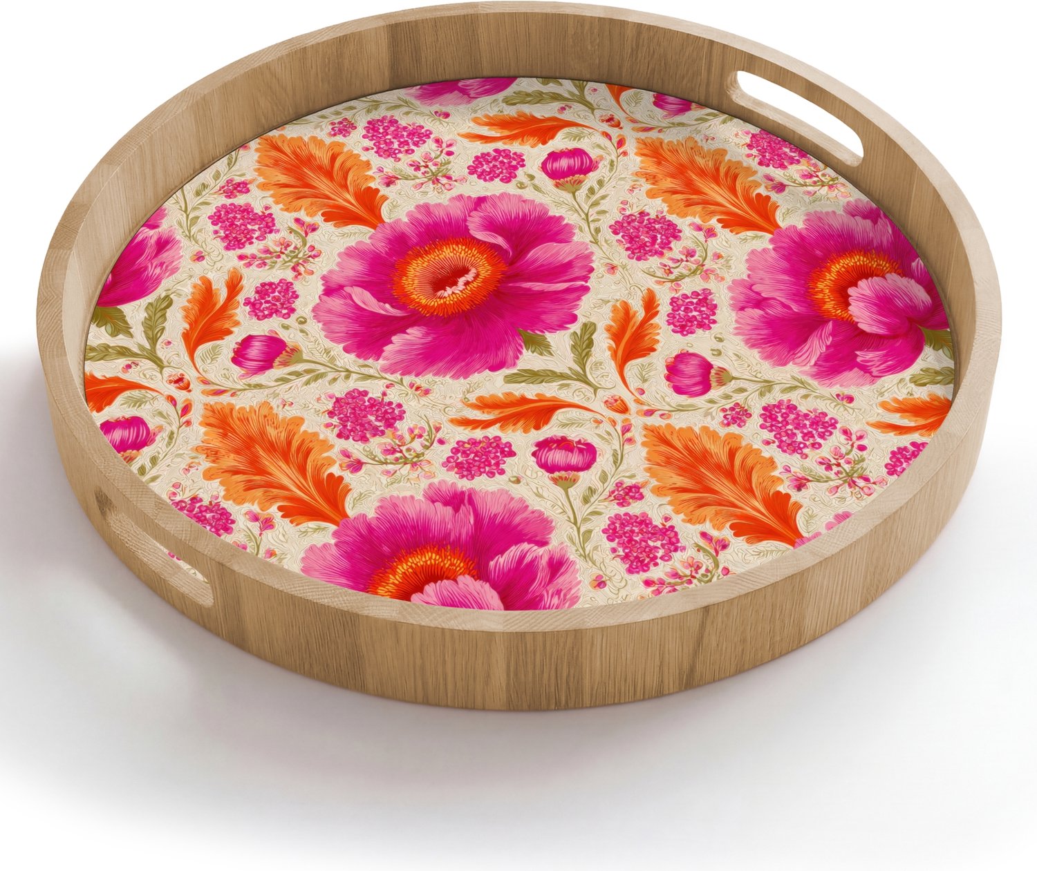 Dienblad rond 50x50 cm - Schootdienblad hout - Bloemen - Barok - Roze - Oranje - Borrelplank rechthoek - Plateau houten dienbladen