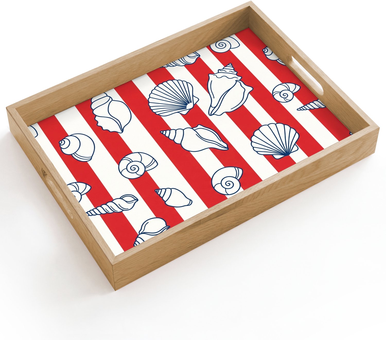 Dienblad hout 40x30 cm - Schootdienblad - Schelp - Zeedieren - Zomer - Illustratie - Rood - Blauw - Borrelplank rechthoek - Plateau dienbladen